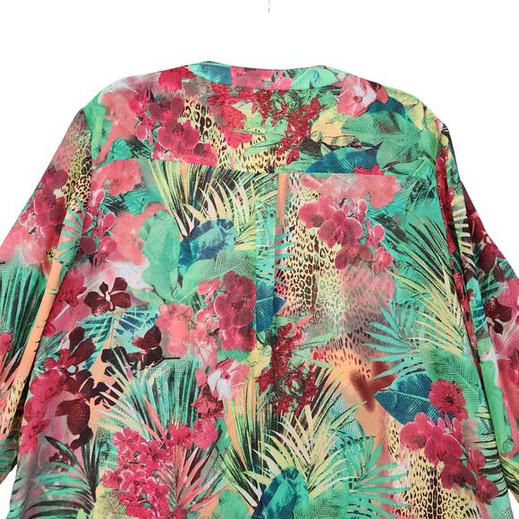 Chicos Womens Tie Front Tropical Blouse Size XL Split Neck Leopard Palm Leaf - Picture 5 of 9